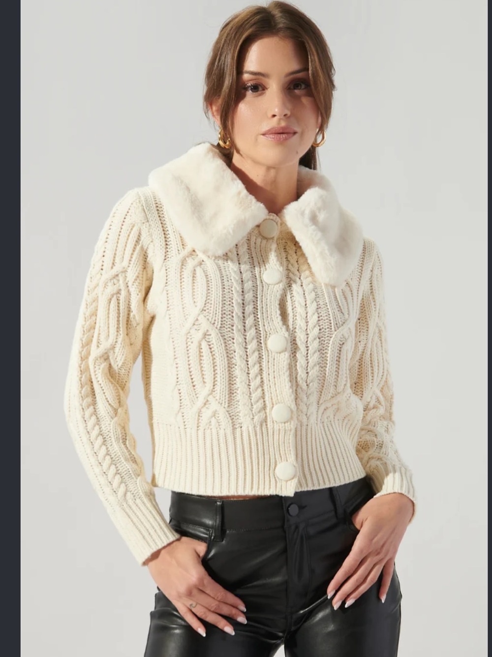 Altar'd State Cream Cable Knit Teddy Collar Button-Up Jacket